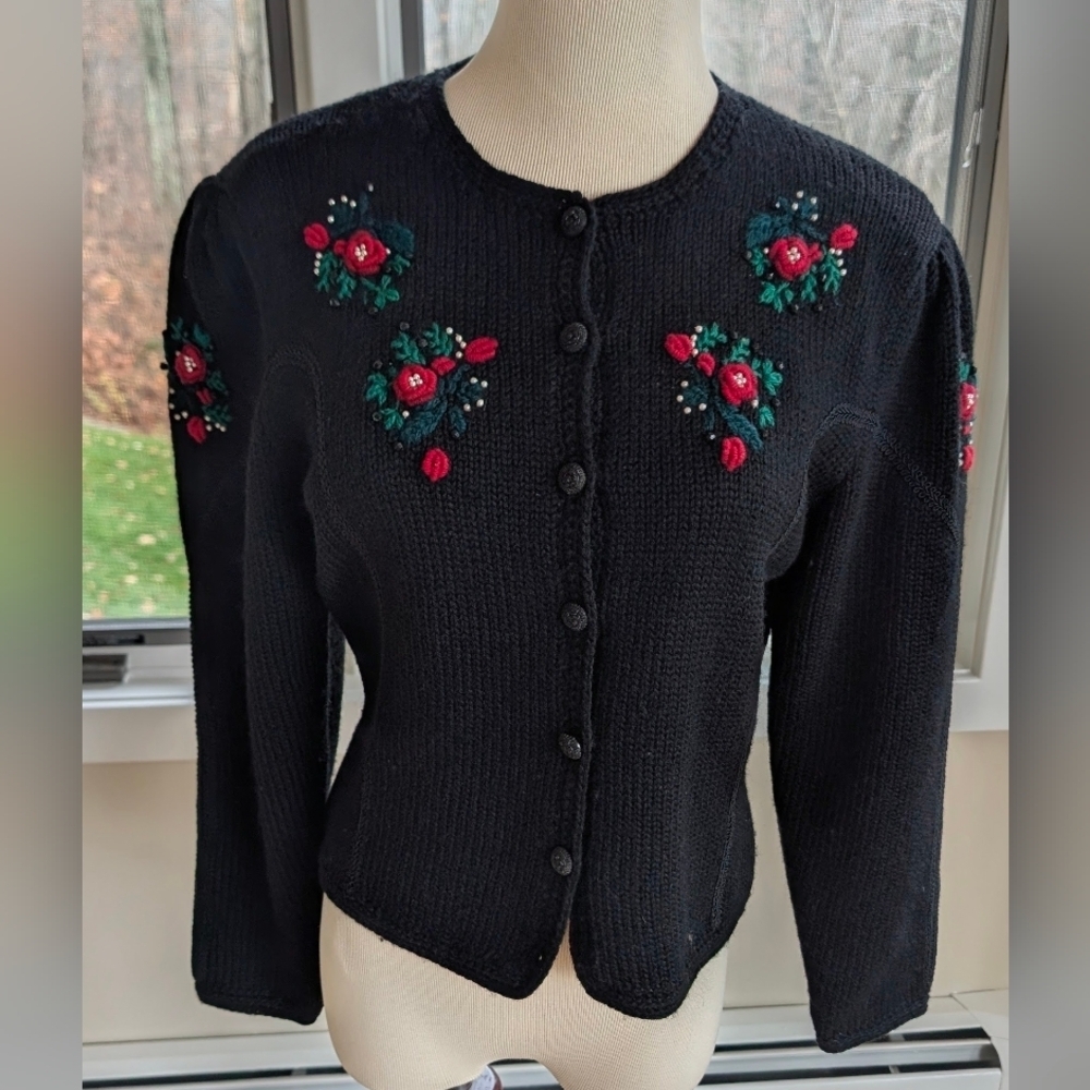 VTG 80s Susan Bristol Handcrafted Embroidery Wool Black Cardigan S Cottagecore